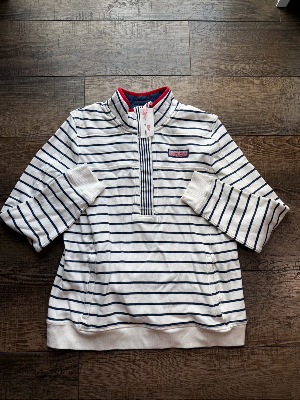 Vineyard Vines White Navy Striped Quarter-Zip Pullover with Red Trim